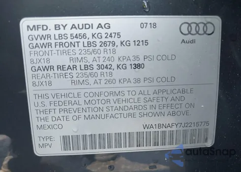 2018 Audi Q5 2.0T Premium/2.0T Tech Premium z USA, uszkodzony, nr VIN WA1BNAFY7J2215775